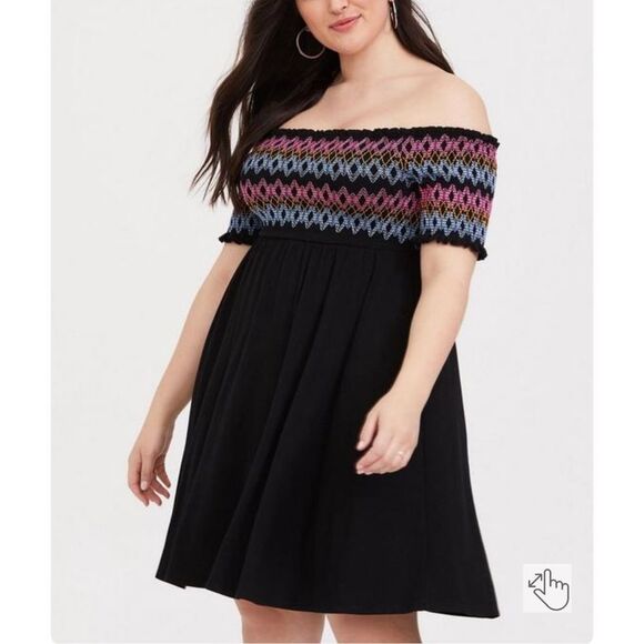 Torrid black smocked off the shoulder colorful embroidered sundress size 3 - Picture 1 of 13